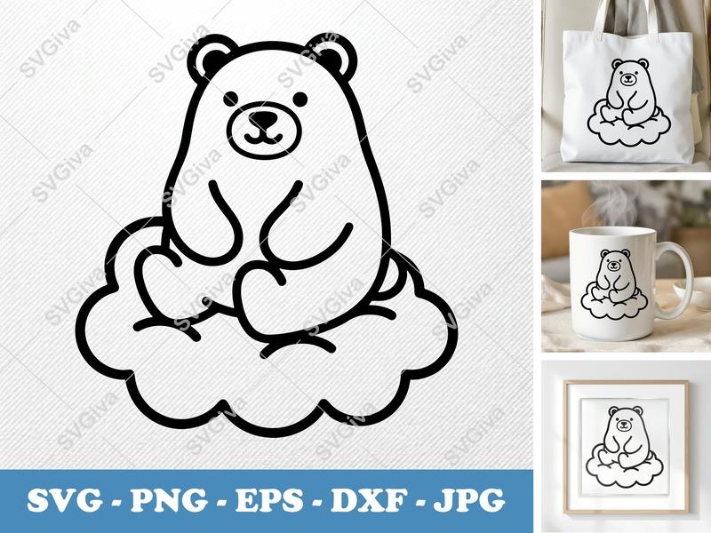 Bear SVG | Cute Modern Cartoon Bear on Cloud | Animal Clipart PNG EPS DXF for Cricut & Silhouette