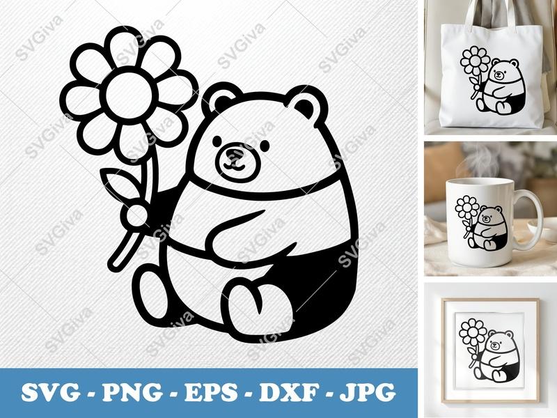 Bear SVG | Cute Panda with Flower Cut File | PNG EPS DXF for Cricut & Silhouette | Animal Vector Clipart