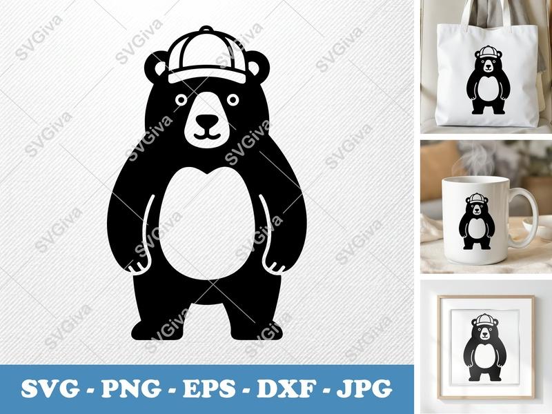 Bear SVG | Modern Cute Bear with Hat Cut File | PNG EPS DXF for Cricut & Silhouette | Animal Vector Clipart Design