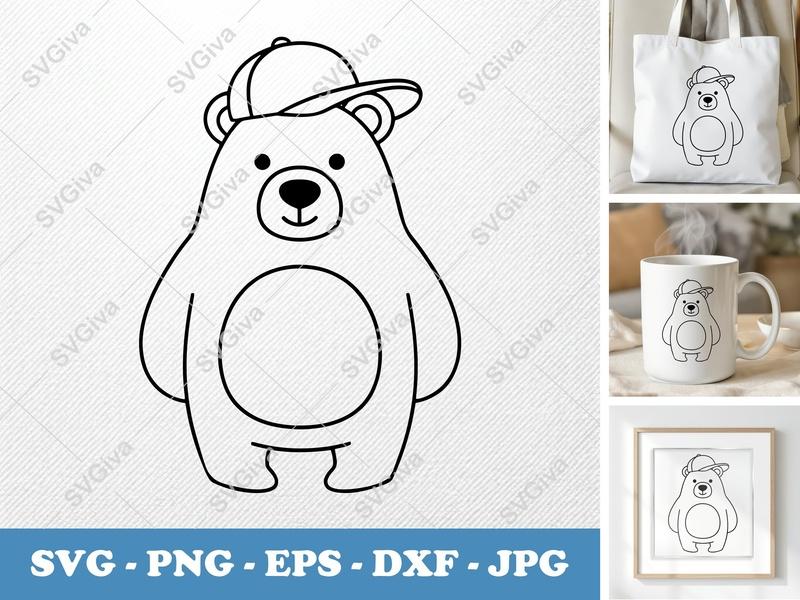 Bear SVG | Modern Outline Bear with Hat | Animal Clipart PNG EPS DXF for Cricut & Silhouette | Cute Cartoon Cut File