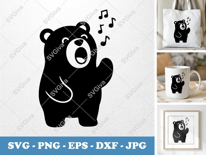 Bear SVG Singing Bear Cut File | Modern Music Notes PNG EPS DXF | Cricut Silhouette Design | Animal Clipart | Digital Download
