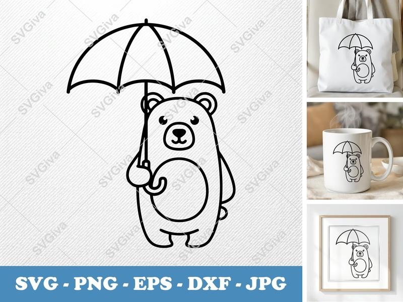 Bear SVG Umbrella Cute | Modern Minimalist Cut File | PNG EPS DXF for Cricut Silhouette | Animal Clip Art