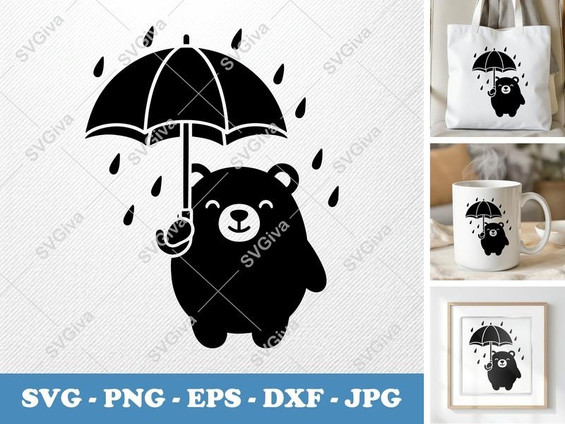 Bear SVG Umbrella Rain, Cute Animal Cut File | PNG EPS DXF for Cricut, Silhouette, Kids Crafts, Nursery Decor