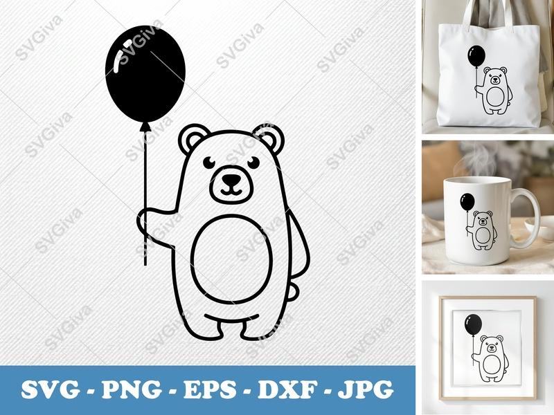 Bear SVG with Balloon | Cute Outline Animal Cut File for Cricut, Silhouette | Modern Design, PNG, EPS, DXF Included