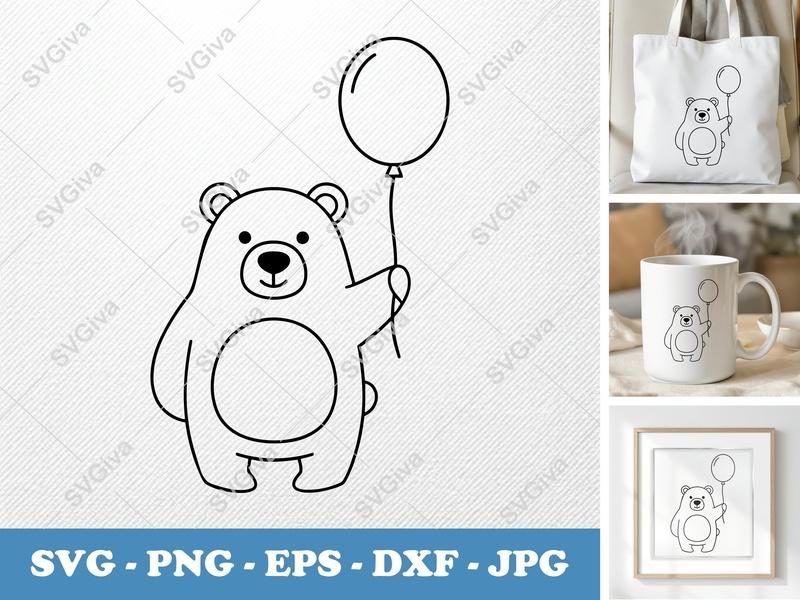Bear SVG with Balloon | Cute Outline Animal Cut File | PNG EPS DXF for Cricut Silhouette Vinyl Decal Clipart