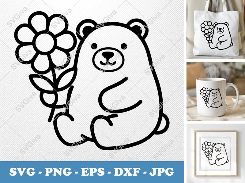 Bear SVG with Flower | Cute Animal Clipart, Modern Design | PNG EPS DXF for Cricut & Silhouette