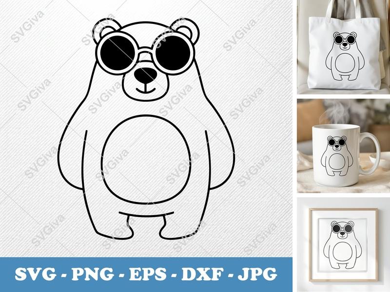 Bear SVG with Sunglasses | Modern Minimalist Animal Cut File | PNG EPS DXF for Cricut & Silhouette