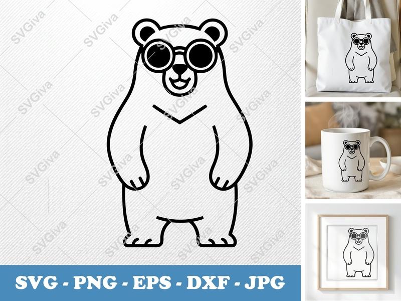 Bear Wearing Sunglasses SVG | Minimal Outline Cut File | Bold Contour PNG DXF EPS | Cricut Silhouette Design