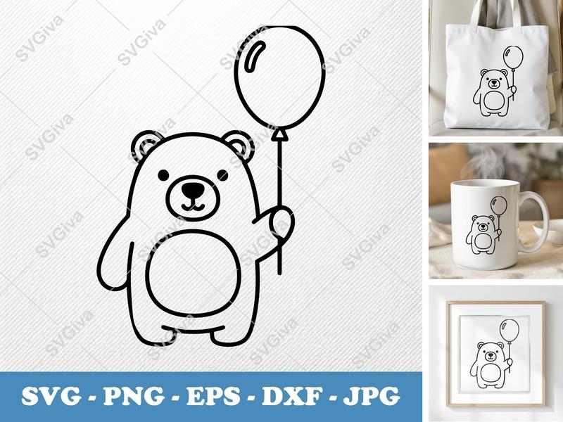 Bear with Balloon SVG | Friendly Bean-Shaped Cut File | Rounded Body PNG DXF EPS for Cricut Silhouette
