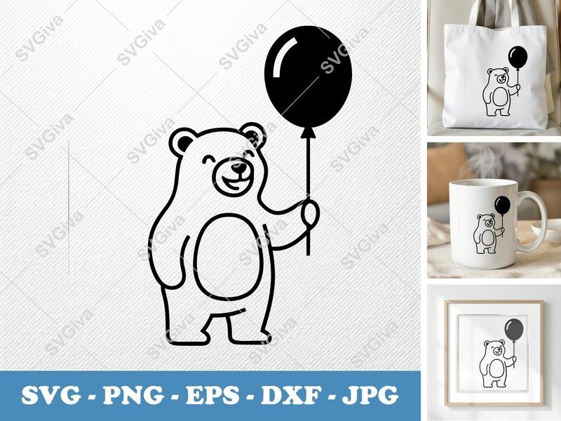 Bear with Balloon SVG | Minimalist Outline Design | PNG DXF EPS | Cricut Silhouette Cut File