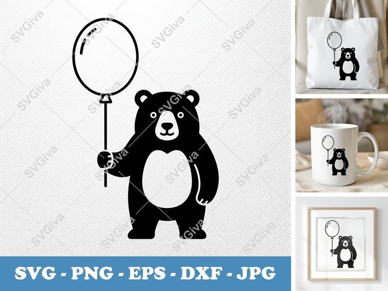 Bear with Balloon SVG, Modern Minimalist Bear Cut File, PNG EPS DXF for Cricut & Silhouette, Cute Animal Clipart