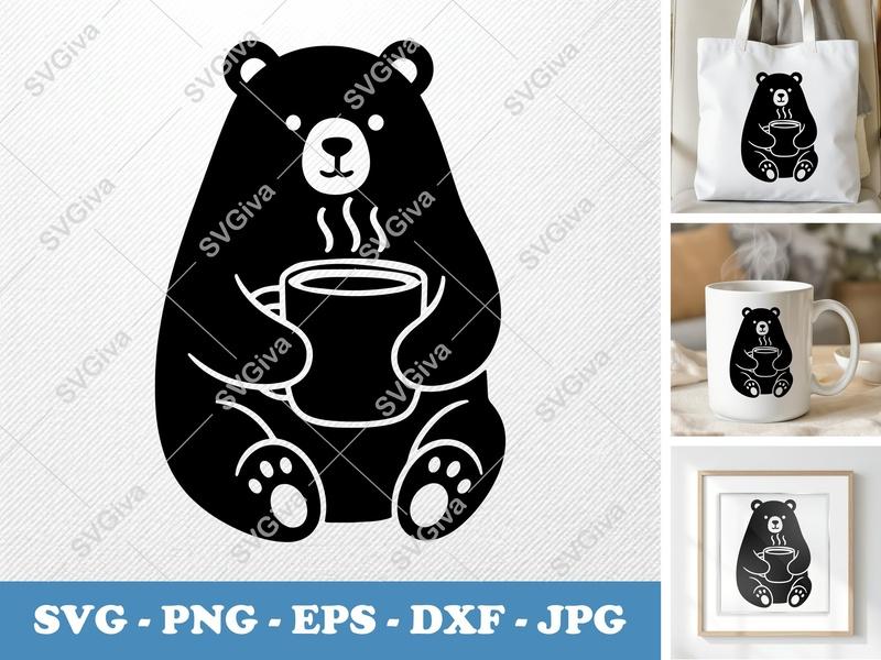 Bear with coffee cup SVG | Puffy Animated Style | PNG DXF EPS | Cricut Silhouette Cut File