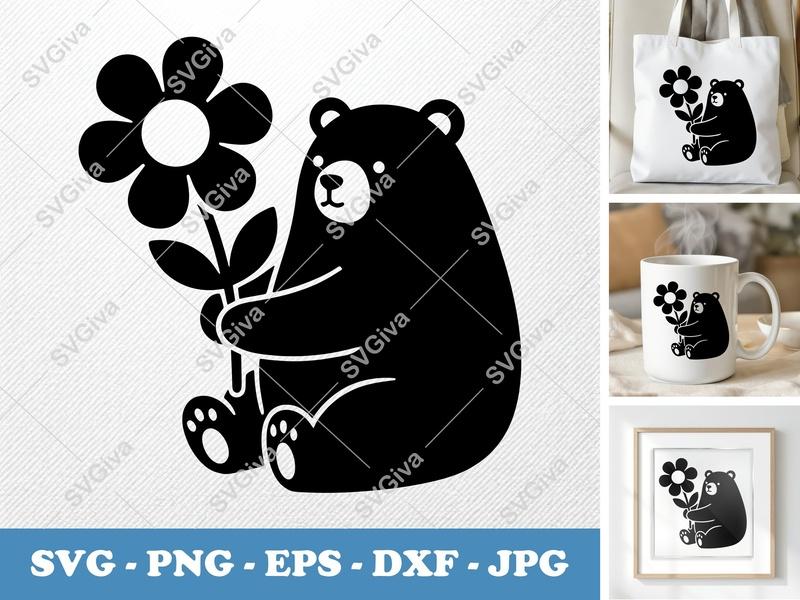 Bear with Flower SVG, Puffy Shapes | Inflated Pillow Soft Bear Cut File | PNG DXF EPS | Cricut Silhouette Design