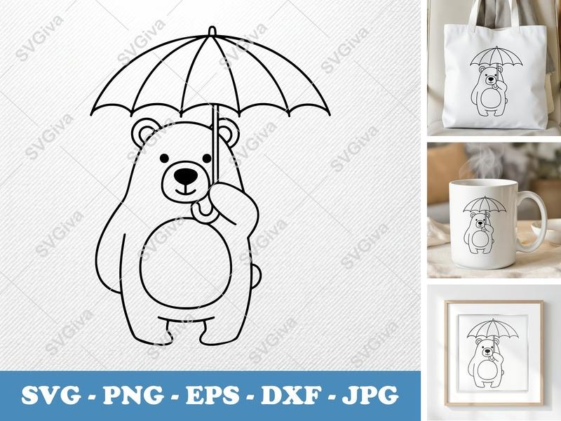 Bear with Umbrella SVG | Cute Animal Clipart PNG EPS DXF | Modern Outline Design for Cricut, Silhouette Cut File