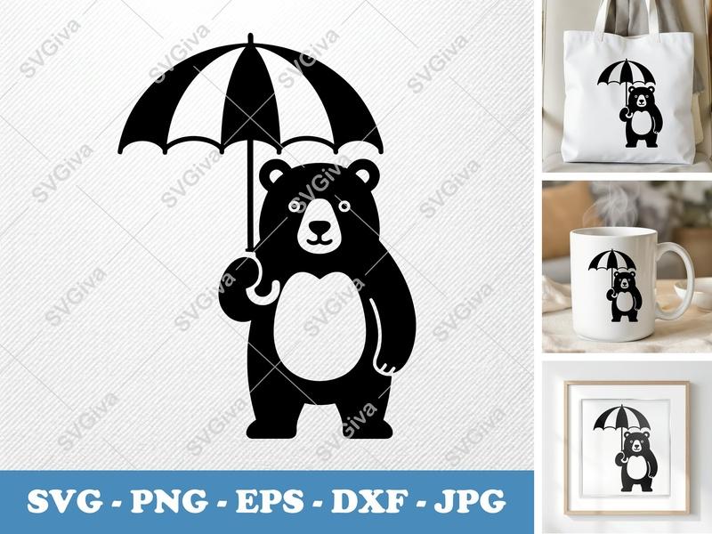 Bear with Umbrella SVG | Modern Animal Cut File, Cute Bear Clipart | PNG, EPS, DXF for Cricut & Silhouette