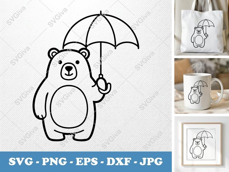 Bear with Umbrella SVG | Modern Clean Design | PNG EPS DXF Cut Files for Cricut & Silhouette | Cute Animal Vector Art