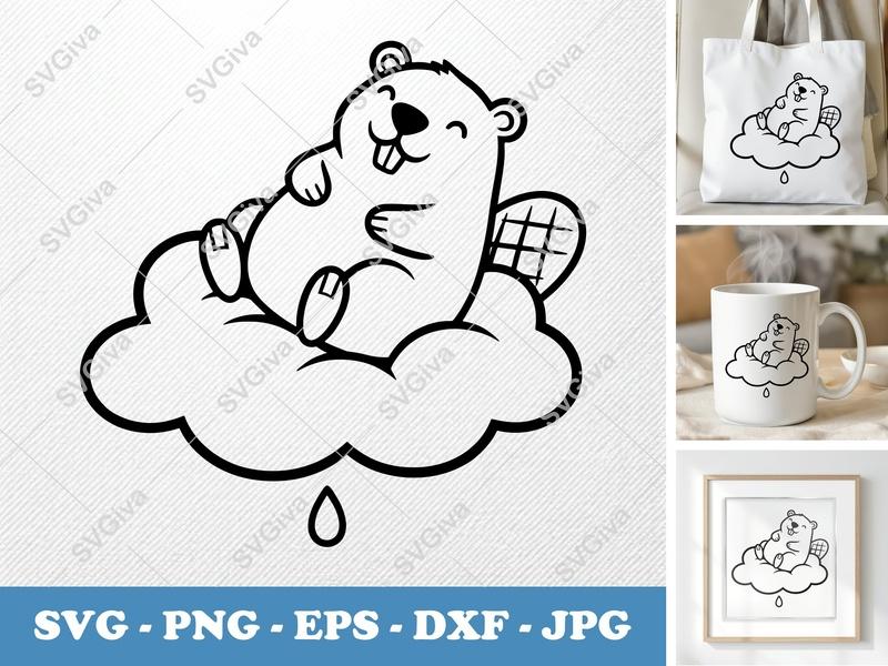 Beaver Cloud SVG, Cute Animal Design, Happy Beaver PNG, EPS, DXF for Cricut & Silhouette, Cartoon Clip Art