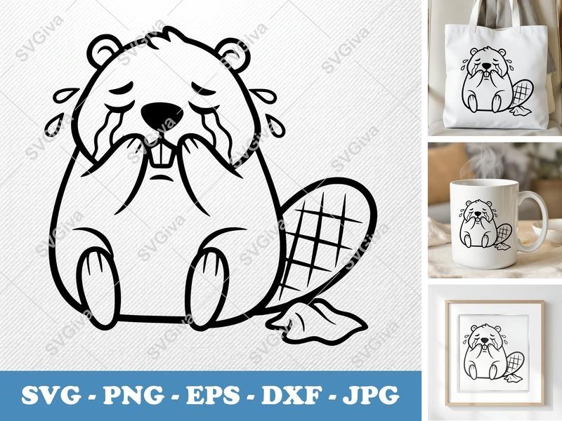 Beaver Crying SVG | Friendly Rounded Body Bean-Shaped Design | PNG, DXF, EPS | Cricut, Silhouette