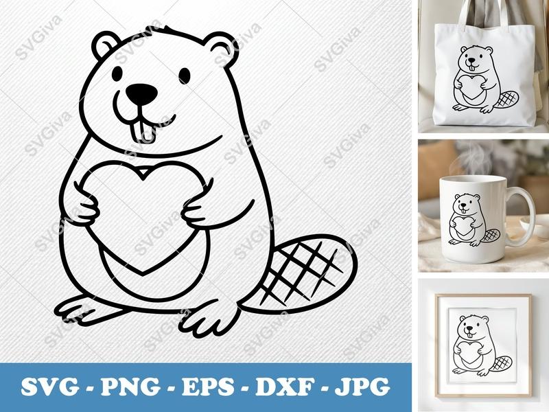 Beaver Holding Heart SVG | Minimalist Cartoon Cut File | SVG PNG DXF EPS for Cricut Silhouette