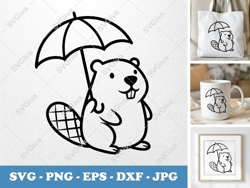 Beaver Holding Umbrella SVG | Friendly Rounded Body Bean-Shaped Design | Cute Animal PNG DXF EPS | Cricut Silhouette File