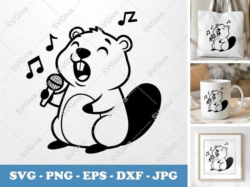 Beaver Singing SVG | Cute Animal with Microphone, Music Notes | PNG EPS DXF for Cricut, Silhouette | Cartoon Cut File