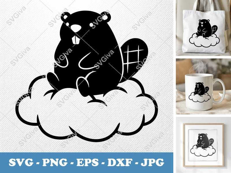 Beaver Sitting on a Cloud SVG | Puffy Soft Shapes Cut File | PNG DXF EPS | Cricut Silhouette Design | Cartoon Animal