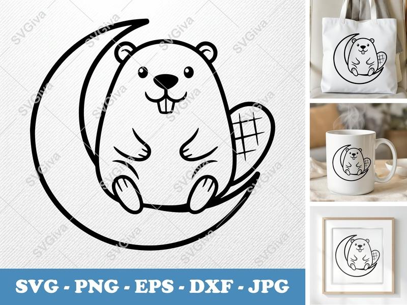 Beaver Sitting on Moon SVG | Friendly Rounded Body Bean-Shaped Cut File | PNG, DXF, EPS for Cricut & Silhouette