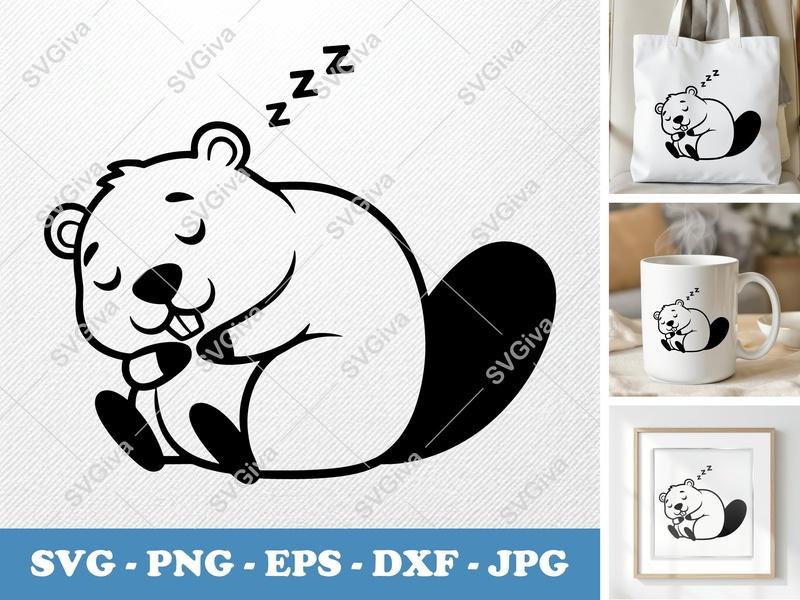Beaver Sleeping SVG, Cute Animal Cut File PNG, EPS, DXF for Cricut | Silhouette, Modern Cartoon Nap Time Vector