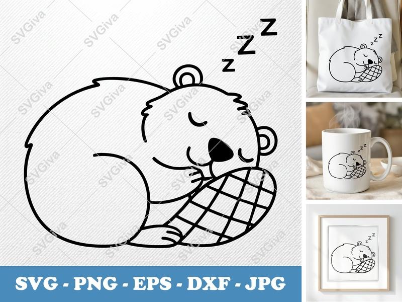 Beaver Sleeping SVG, Cute Animal Cut File PNG EPS DXF for Cricut, Silhouette, Modern Woodland Clipart