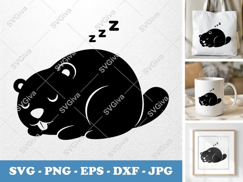 Beaver Sleeping SVG, Cute Animal Zzz, Cartoon Sleeping Beaver, PNG EPS DXF for Cricut, Silhouette, Wildlife Cut File