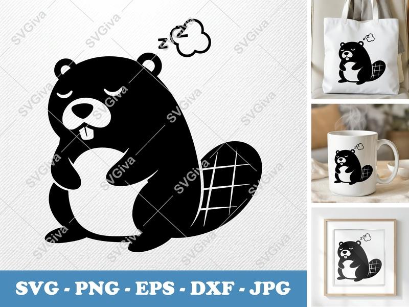 Beaver Sleeping SVG | Cute Cartoon Animal PNG EPS DXF | Cricut Silhouette File | Modern Forest Critter Vector