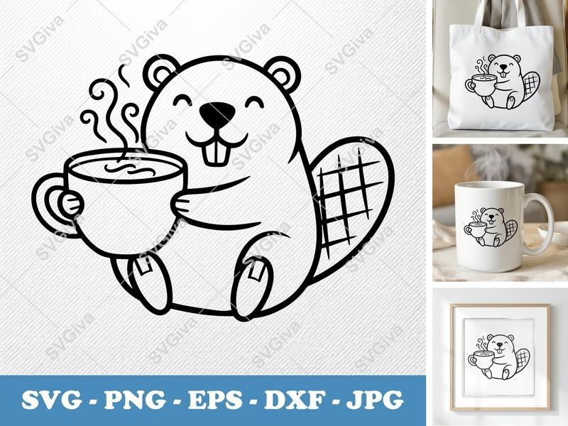 Beaver SVG, Coffee Beaver Cut File, Cute Animal PNG, EPS, DXF for Cricut, Silhouette, Modern Woodland Clipart
