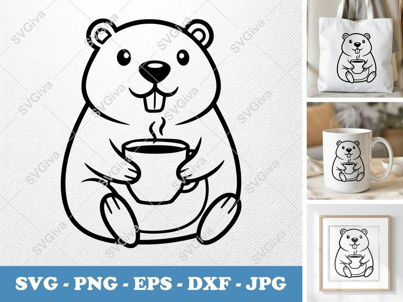 Beaver SVG, Coffee Lover Beaver, Cute Animal Cut File, Modern Clip Art, PNG EPS DXF for Cricut, Silhouette