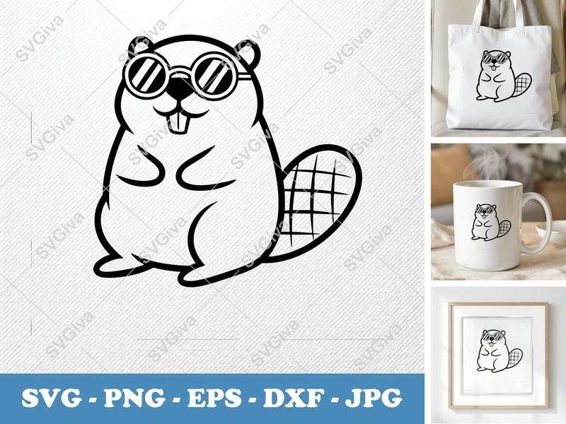Beaver SVG, Cool Beaver with Glasses Cut File, Modern Animal Clipart | PNG EPS DXF for Cricut Silhouette