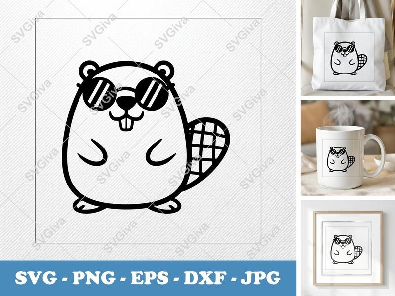 Beaver SVG, Cool Beaver with Glasses, Cute Animal Cut File, Modern Cartoon Beaver PNG EPS DXF for Cricut Silhouette