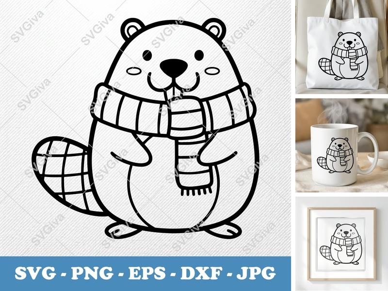 Beaver SVG, Cute Animal Scarf Clipart, Winter Wildlife Vector, PNG, EPS, DXF for Cricut & Silhouette, Modern Design