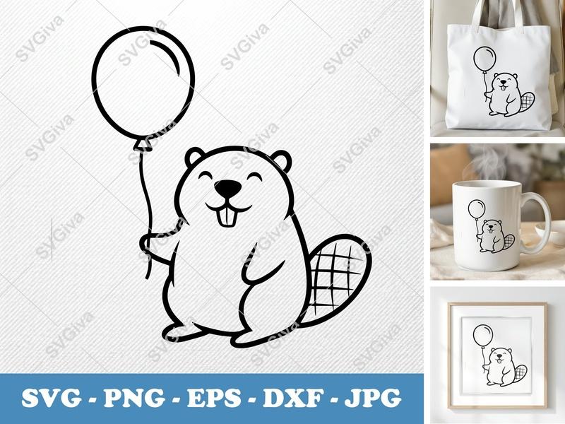 Beaver SVG Cute Balloon, Happy Animal Clip Art, Modern Design | PNG EPS DXF for Cricut & Silhouette