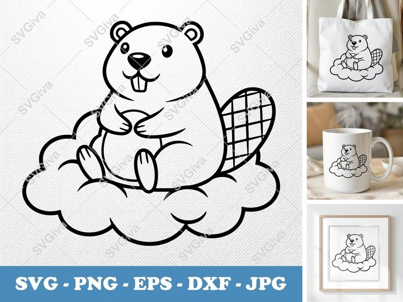 Beaver SVG, Cute Beaver on Cloud, Cartoon Animal Cut File | PNG EPS DXF for Cricut, Silhouette, Kids Crafts