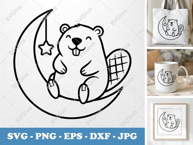 Beaver SVG, Cute Beaver on Moon with Star, Cartoon Animal Cut File, PNG, EPS, DXF for Cricut, Silhouette, Nursery Decor