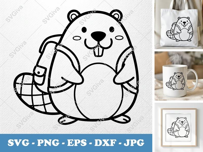 Beaver SVG, Cute Beaver with Backpack, Cartoon Animal Clipart PNG EPS DXF for Cricut & Silhouette, Kids Craft Decor