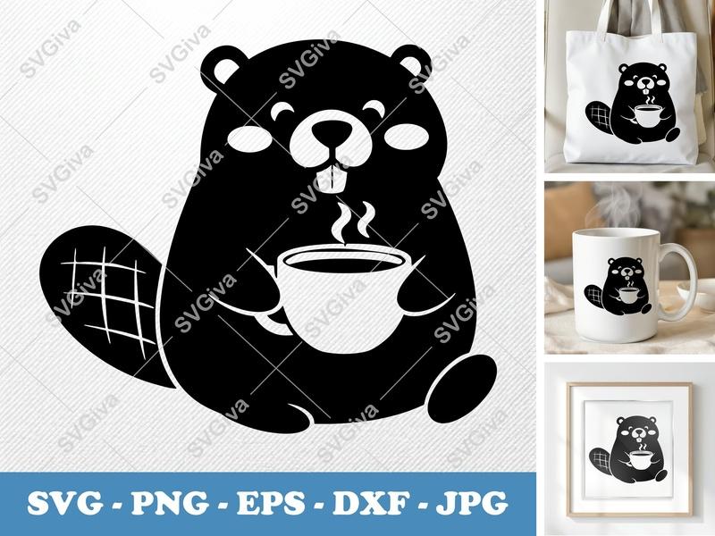 Beaver SVG, Cute Beaver with Coffee Mug, Animal Clipart, PNG EPS DXF for Cricut & Silhouette, Modern Design