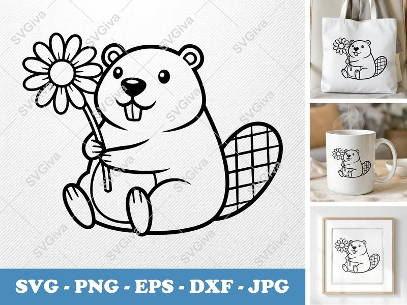 Beaver SVG, Cute Beaver with Flower, Modern Cartoon Animal Cut File, PNG, EPS, DXF for Cricut, Silhouette