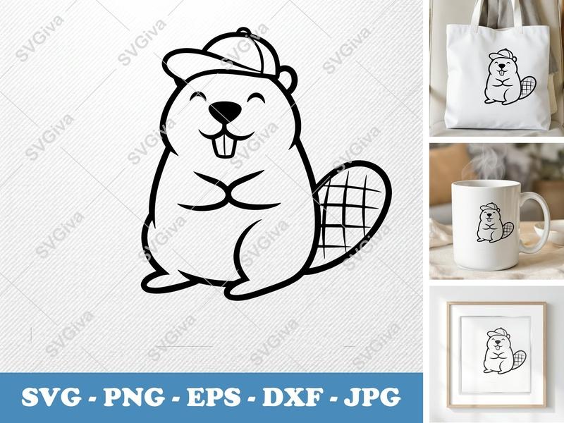 Beaver SVG, Cute Beaver with Hat, Cartoon Animal Cut File, PNG, EPS, DXF for Cricut, Silhouette, Modern Vector Art
