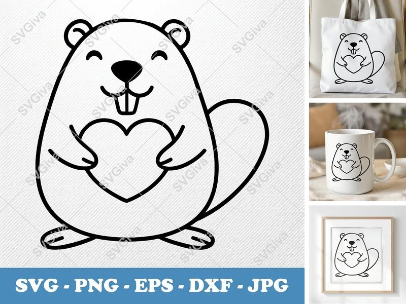 Beaver SVG, Cute Beaver with Heart, Animal Clipart, Digital Download for Cricut, Silhouette, PNG EPS DXF Vector File