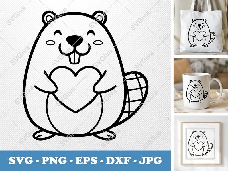 Beaver SVG, Cute Beaver with Heart, Animal Clipart, PNG EPS DXF for Cricut & Silhouette, Digital Download