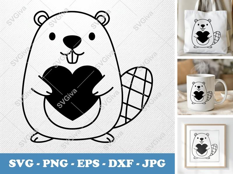 Beaver SVG, Cute Beaver with Heart, Valentine Animal Cut File, Love Clipart, PNG EPS DXF for Cricut Silhouette