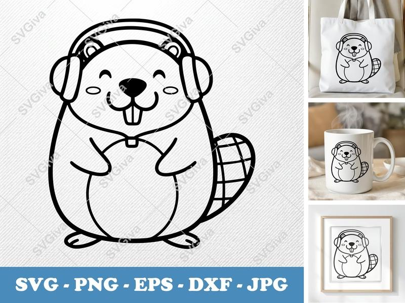 Beaver SVG | Cute Cartoon with Headphones | PNG EPS DXF for Cricut, Silhouette | Animal Outline Cut File