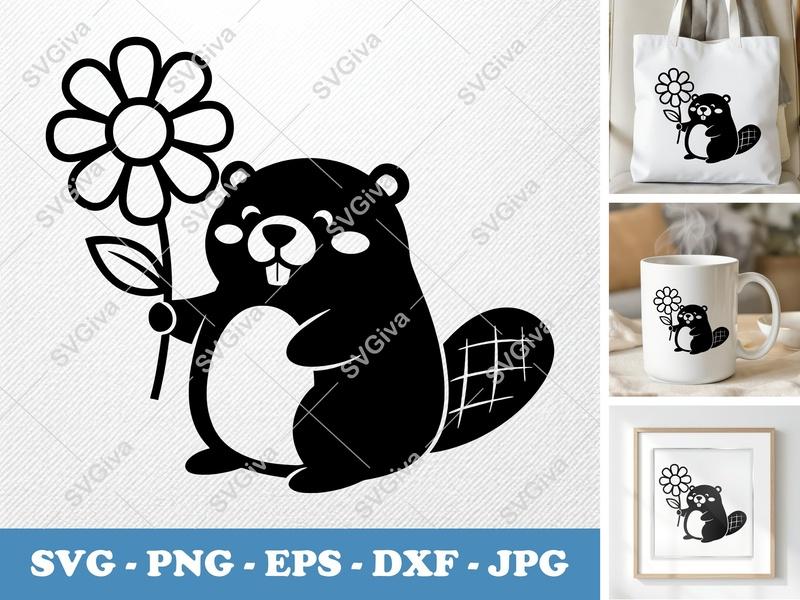 Beaver SVG Cute Holding Flower | Cartoon Animal PNG EPS DXF | Cricut Silhouette File | Woodland Wildlife Clipart