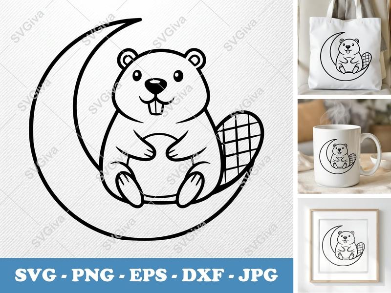 Beaver SVG Cute Moon Animal, Outline Cartoon Cut File for Cricut & Silhouette, PNG EPS DXF | Vector Clipart