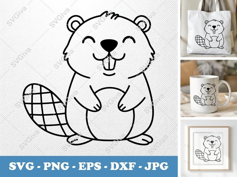 Beaver SVG Cute Outline, Modern Animal Clipart, PNG EPS DXF for Cricut, Silhouette, Kids Craft, Digital Download